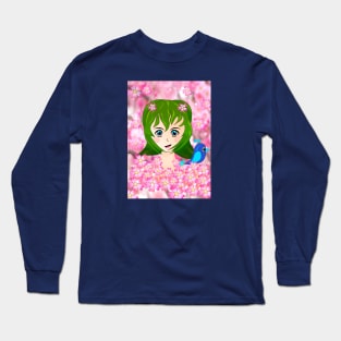 Manga girl with blue bird Long Sleeve T-Shirt